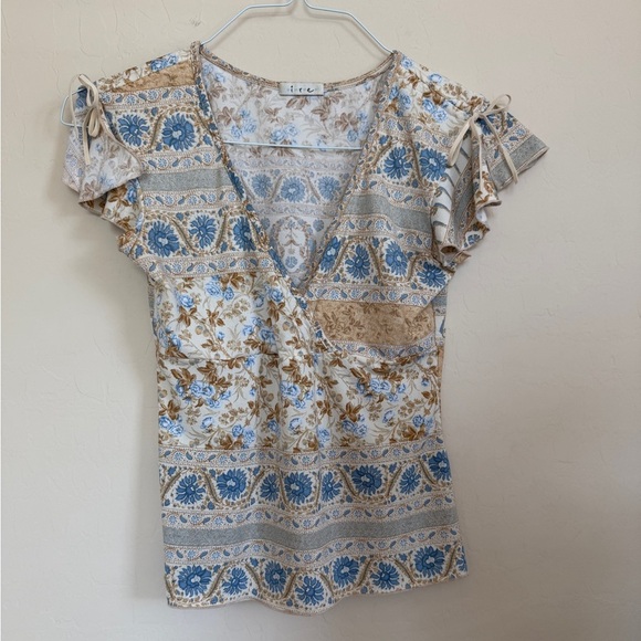 IRE Y2K Top Multicolor Neutral Floral Babydoll Wrap Top - Picture 1 of 8